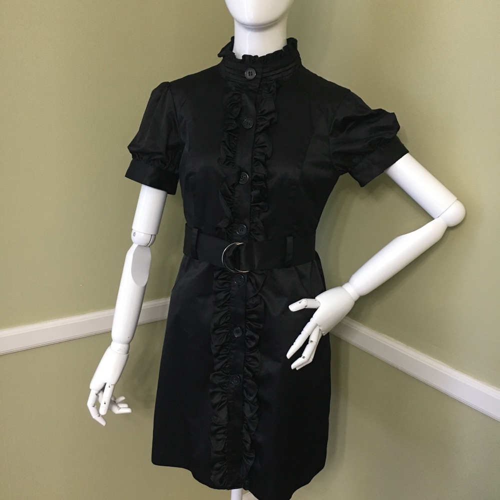 Bebe High Collar, Ruffled, Button, Belted Dress - image 1